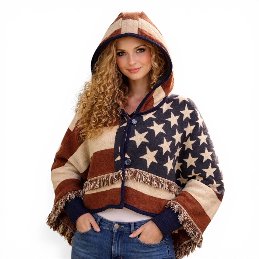 Womens‎ 1X Americana Stars and Stripes Hooded Bog Red Navy Cream Cropped Jacket